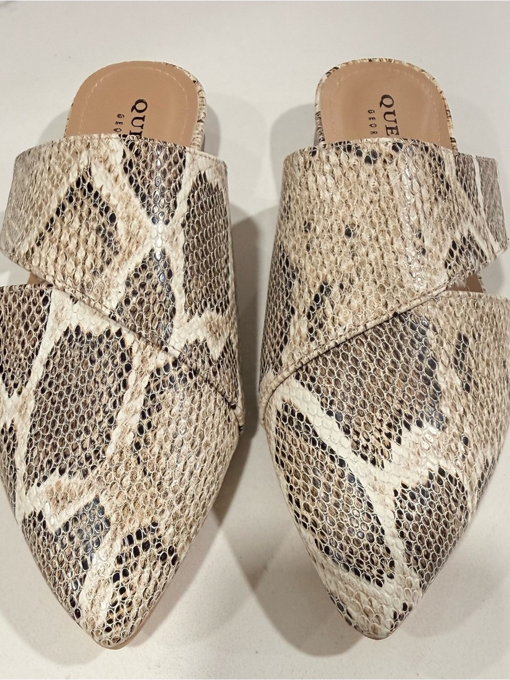 Queen Bee Snake-Print Pointed Toe Mule in Beige